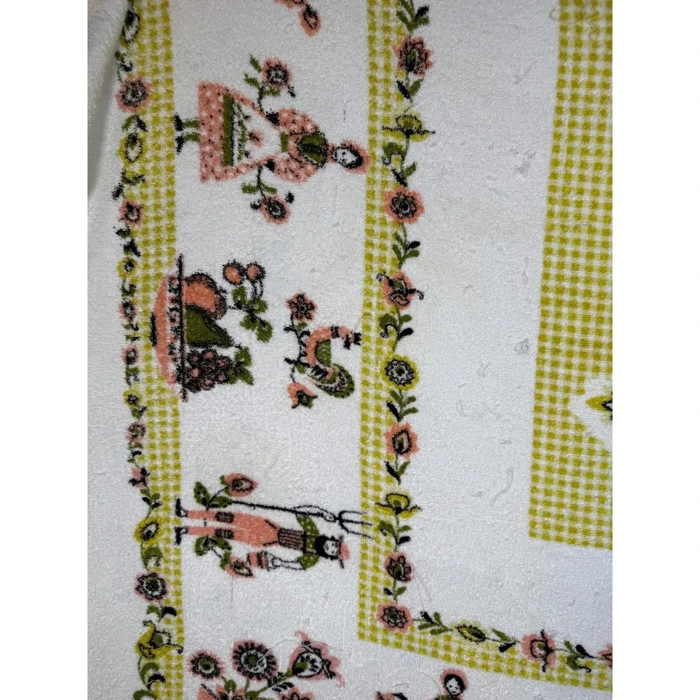 VTG Dutch Folk Art Terry Cloth Tablecloth Pink Green Gingham Farmer Rooster 70s